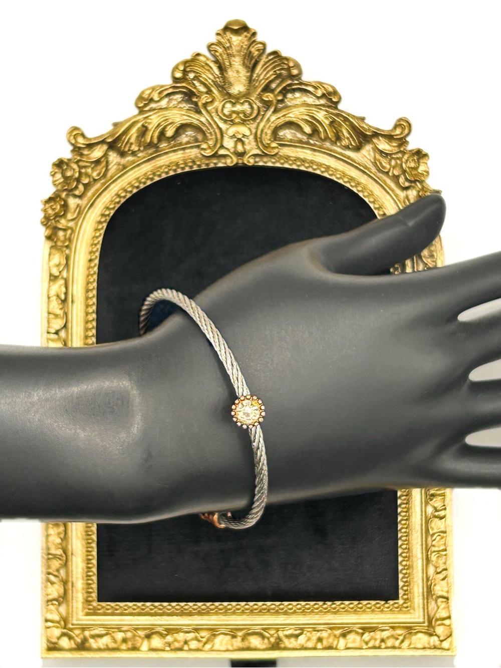 Mixed Metal Cable Wire Bracelet with Champagne Solitaire Rhinestone